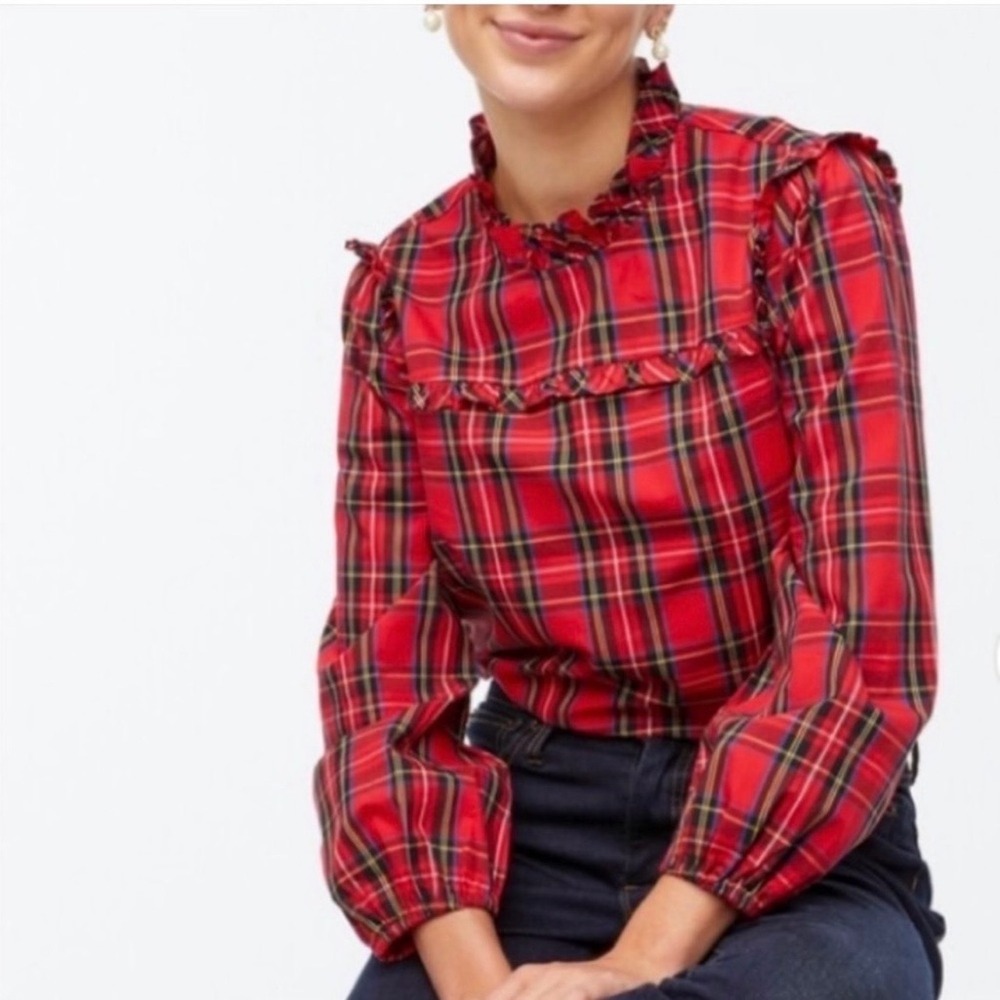 J.Crew Red Tartan Plaid Ruffle Neck Blouse Top LP Womens Stewart Plaid Holiday